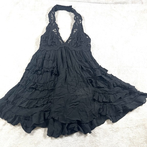 Free People Fp One Adella Babydoll Slip V Neck Black Lace Ruffle Dress Small - Picture 2 of 12